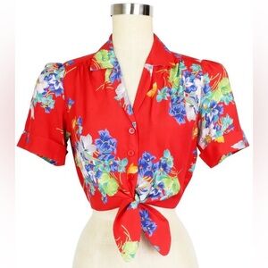 Trashy Diva Red Butterflies and Begonias Blouse Camilla Tie Top Sz. 2 Org.$128